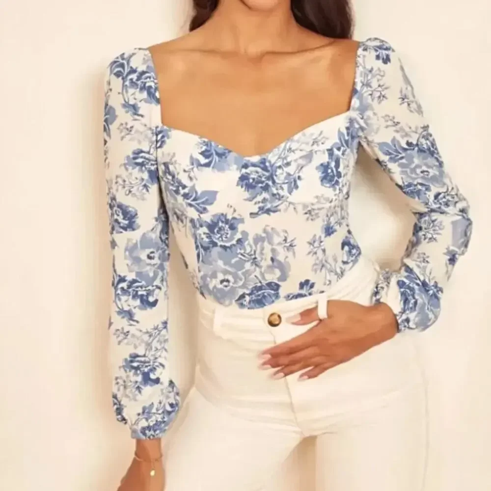 Reformation Reign Olympia Blue White Floral Long Sleeve Top Size 6